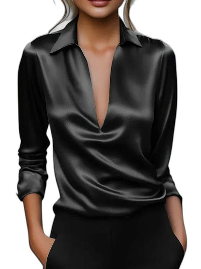 Stylish White Satin Blouse for Women with Collared Long Sleeve Office Style