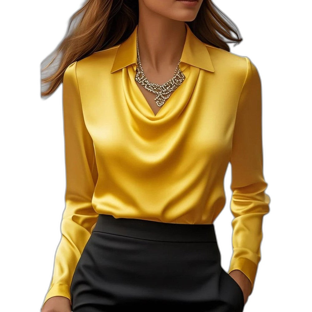 Stylish White Satin Blouse for Women with Collared Long Sleeve Office Style