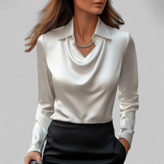 Stylish White Satin Blouse for Women with Cowl Neck Long Sleeve Office Style