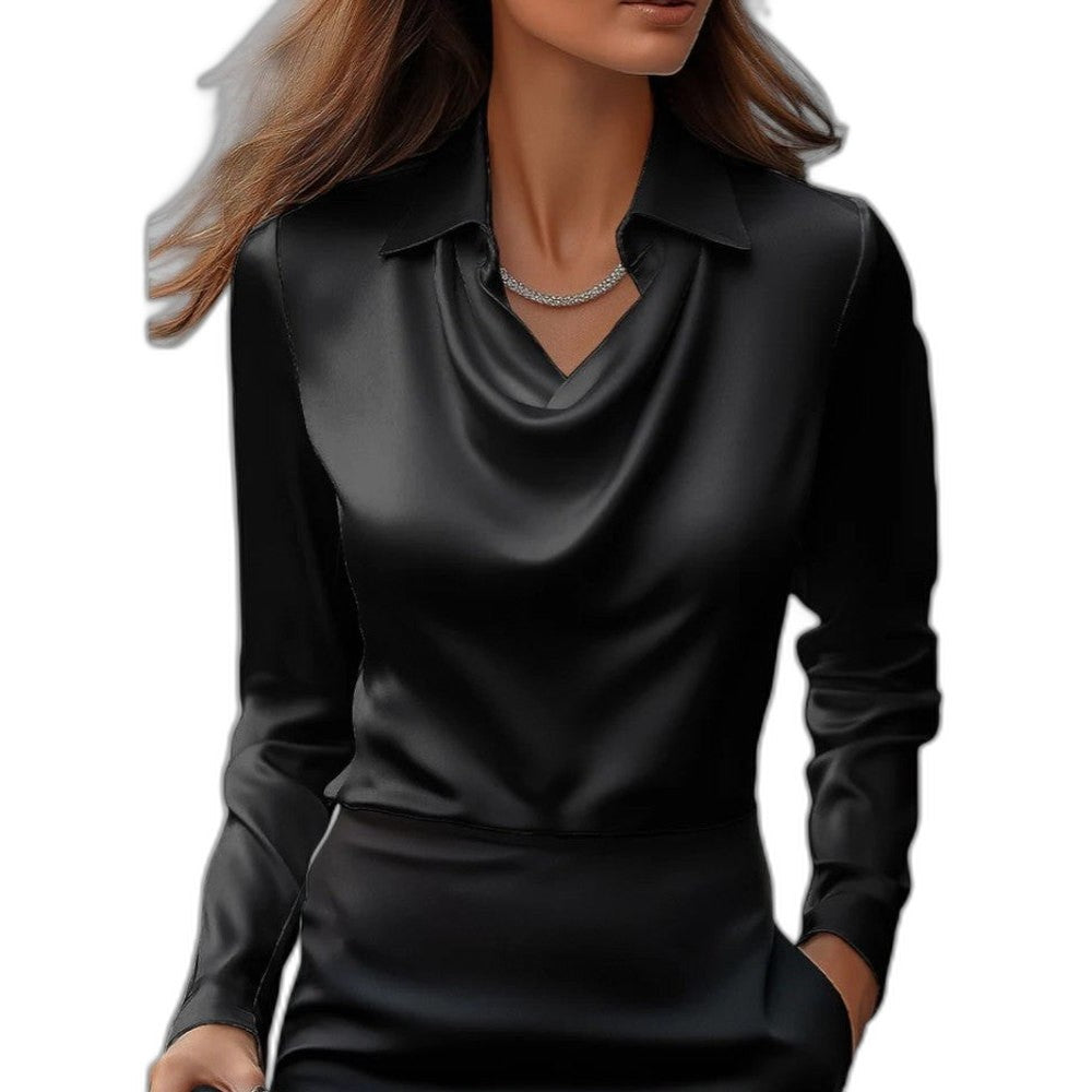 Stylish White Satin Blouse for Women with Cowl Neck Long Sleeve Office Style