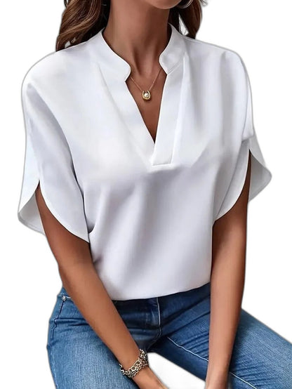 Stylish White Satin Blouse for Women with V Neck Short Sleeve Office Style