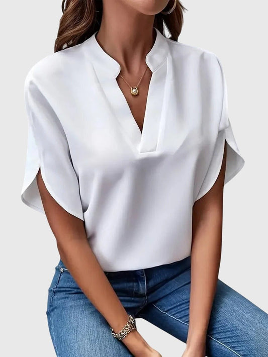 Stylish White Satin Blouse for Women with V Neck Short Sleeve Office Style