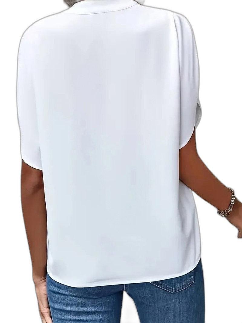 Stylish White Satin Blouse for Women with V Neck Short Sleeve Office Style