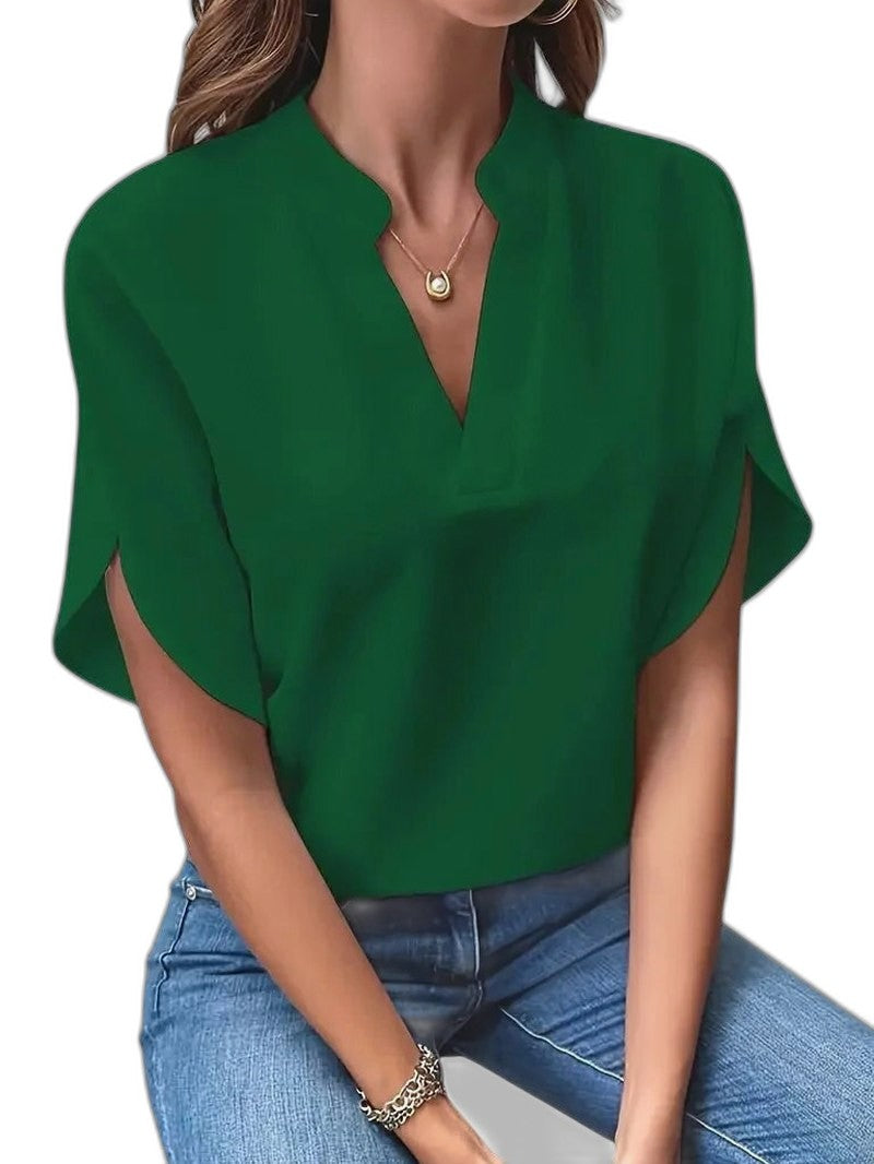 Stylish White Satin Blouse for Women with V Neck Short Sleeve Office Style