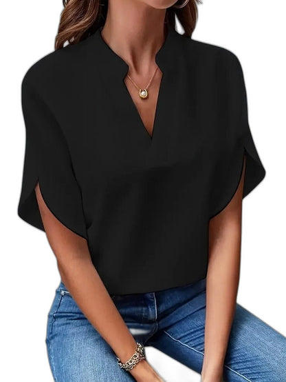 Stylish White Satin Blouse for Women with V Neck Short Sleeve Office Style