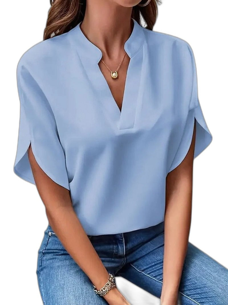 Stylish White Satin Blouse for Women with V Neck Short Sleeve Office Style