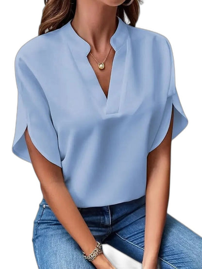 Stylish White Satin Blouse for Women with V Neck Short Sleeve Office Style
