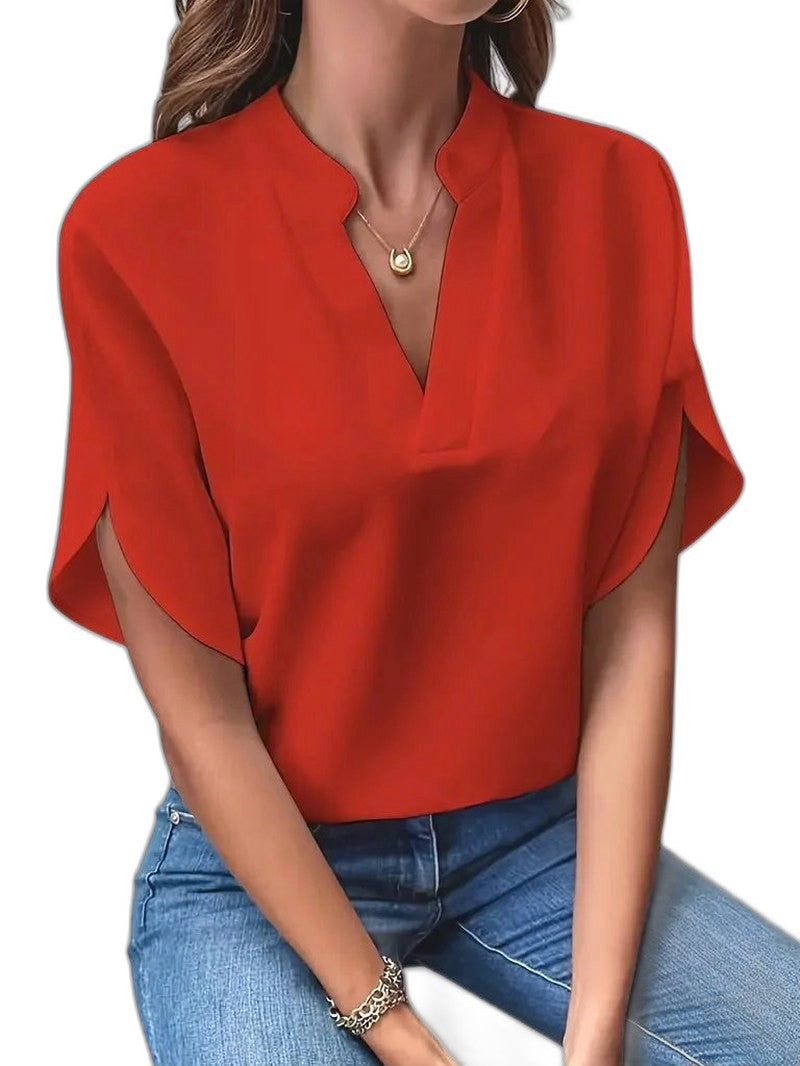 Stylish White Satin Blouse for Women with V Neck Short Sleeve Office Style