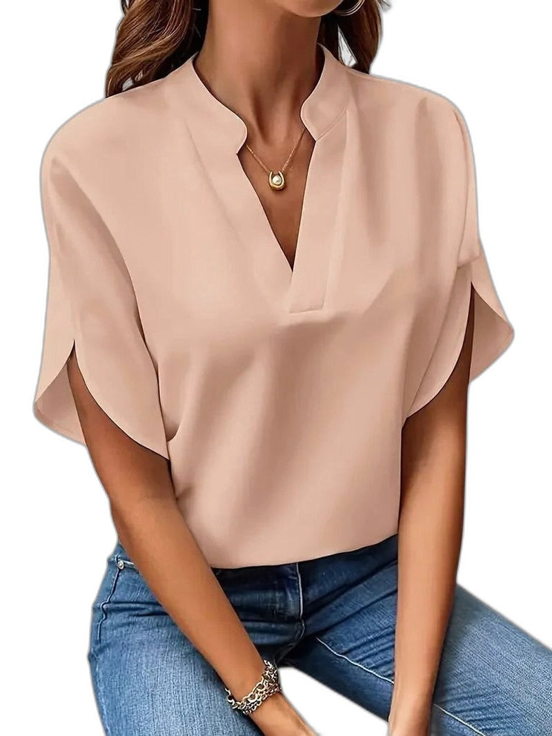 Stylish White Satin Blouse for Women with V Neck Short Sleeve Office Style