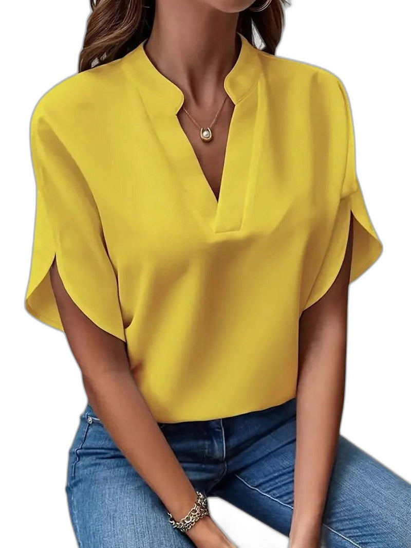 Stylish White Satin Blouse for Women with V Neck Short Sleeve Office Style