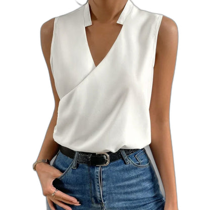 Stylish White Satin Blouse for Women with V Neck Sleeveless Wrap Office Style