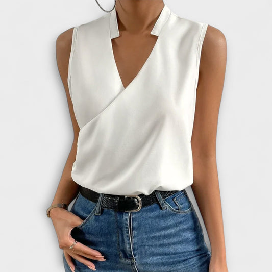 Stylish White Satin Blouse for Women with V Neck Sleeveless Wrap Office Style