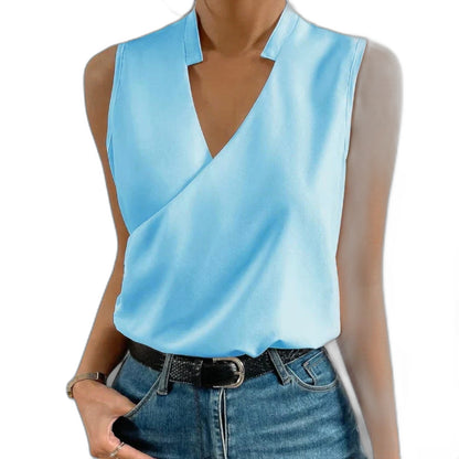 Stylish White Satin Blouse for Women with V Neck Sleeveless Wrap Office Style