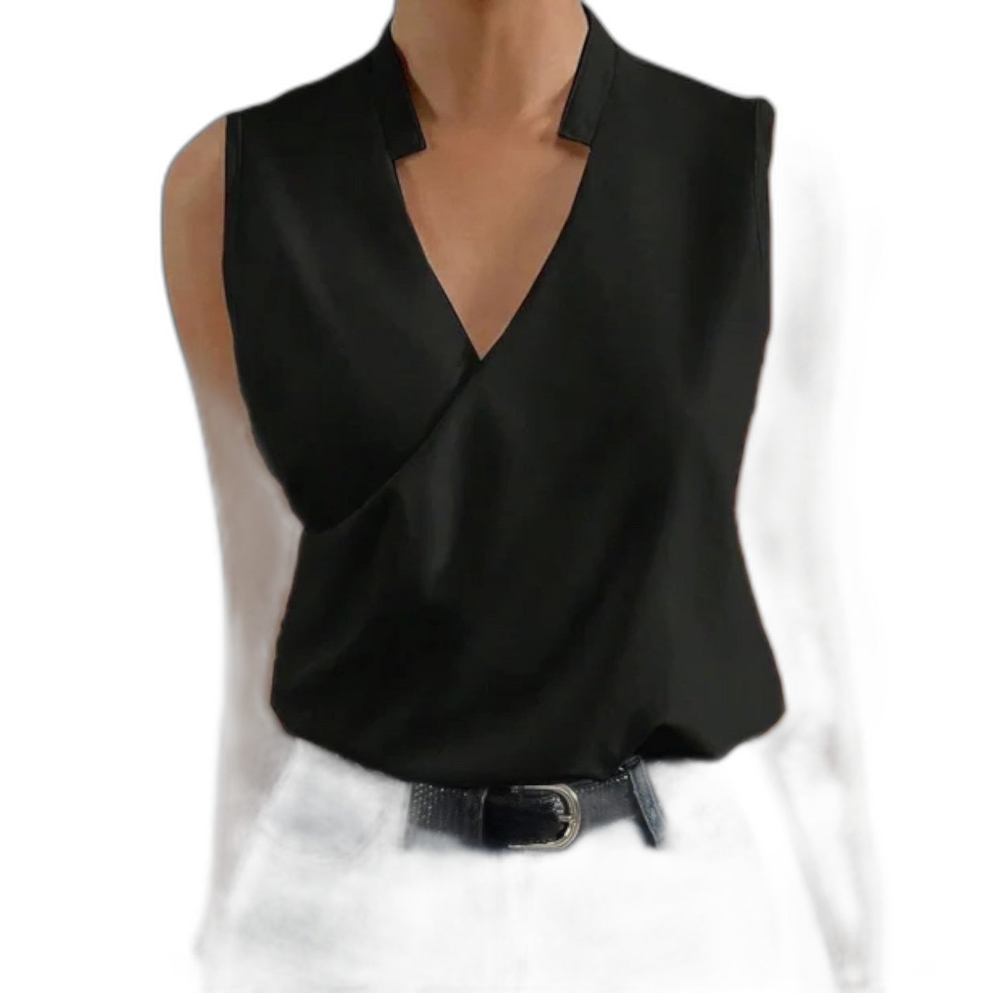 Stylish White Satin Blouse for Women with V Neck Sleeveless Wrap Office Style