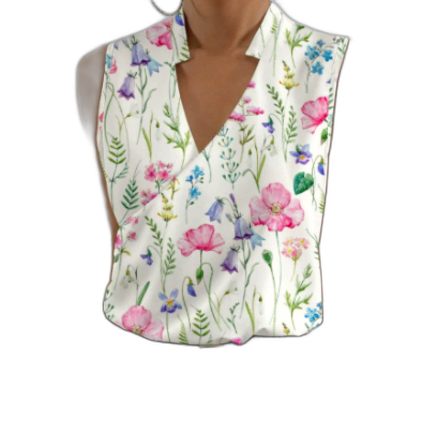 Stylish White Satin Blouse for Women with V Neck Sleeveless Wrap Office Style
