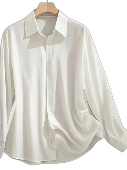 Stylish White Satin Shirt for Women with Collared Long Sleeve Button Front Flowing Office Style