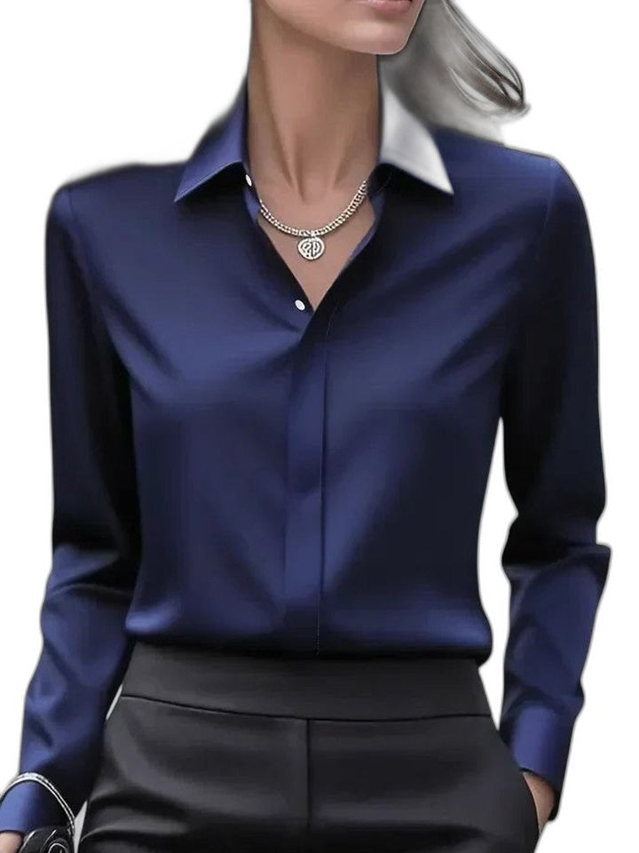 Stylish White Satin Shirt for Women with Collared Long Sleeve Button Front Flowing Office Style