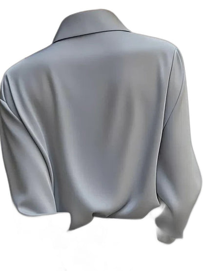 Stylish White Satin Shirt for Women with Collared Long Sleeve Button Front Flowing Office Style