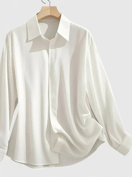 Stylish White Satin Shirt for Women with Collared Long Sleeve Button Front Flowing Office Style