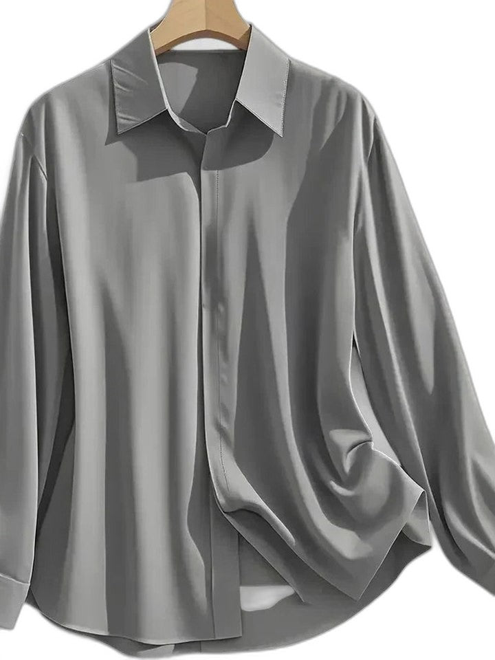 Stylish White Satin Shirt for Women with Collared Long Sleeve Button Front Flowing Office Style