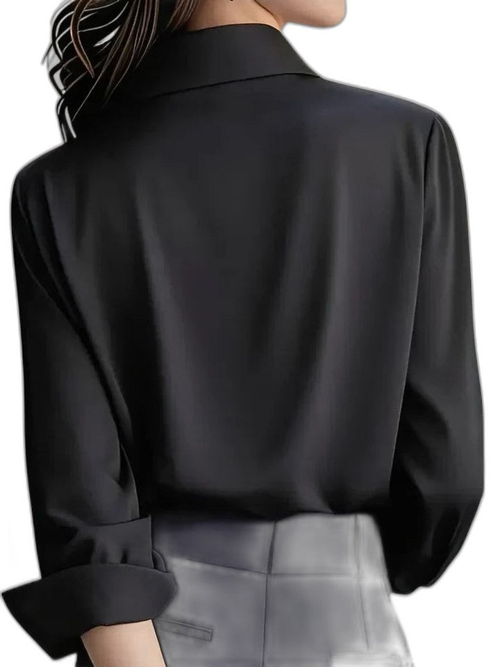 Stylish White Satin Shirt for Women with Collared Long Sleeve Button Front Flowing Office Style