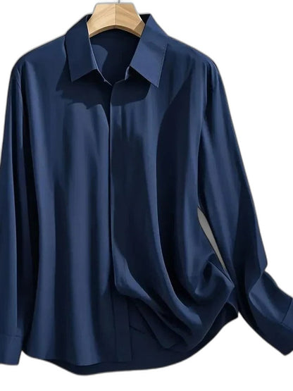 Stylish White Satin Shirt for Women with Collared Long Sleeve Button Front Flowing Office Style