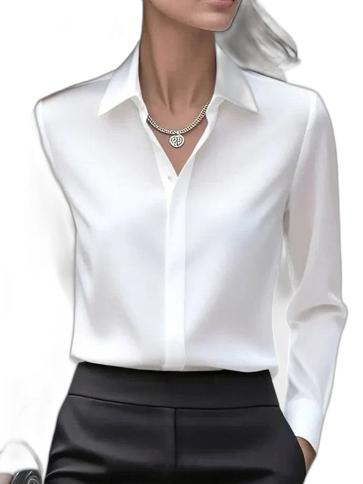 Stylish White Satin Shirt for Women with Collared Long Sleeve Button Front Flowing Office Style