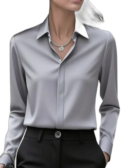 Stylish White Satin Shirt for Women with Collared Long Sleeve Button Front Flowing Office Style