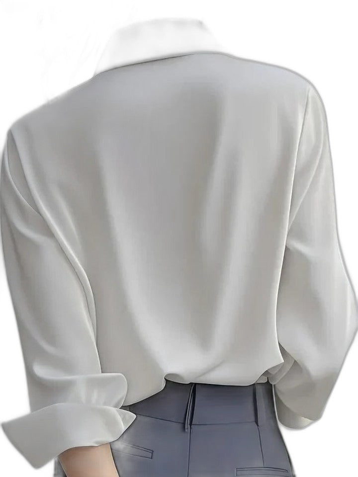 Stylish White Satin Shirt for Women with Collared Long Sleeve Button Front Flowing Office Style