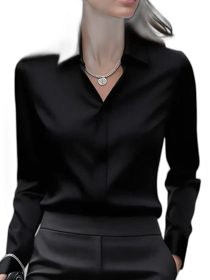 Stylish White Satin Shirt for Women with Collared Long Sleeve Button Front Flowing Office Style