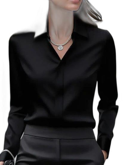 Stylish White Satin Shirt for Women with Collared Long Sleeve Button Front Flowing Office Style