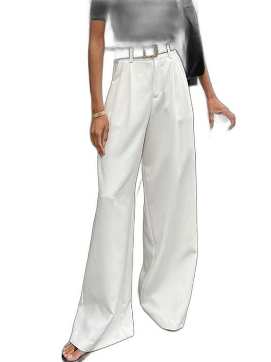 Stylish White Wide Leg Pants for Women with Belted High Waisted Office Style