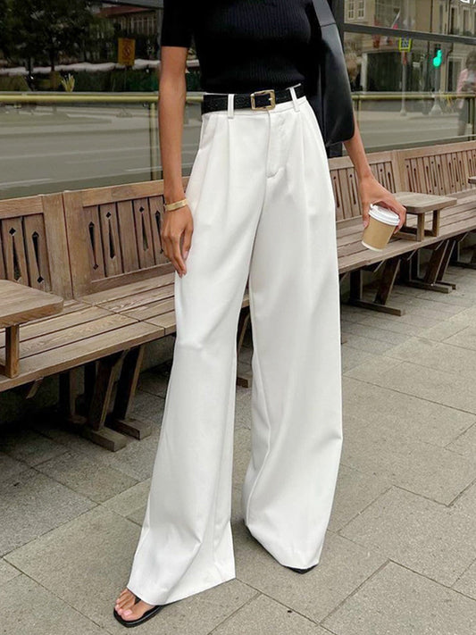 Stylish White Wide Leg Pants for Women with Belted High Waisted Office Style