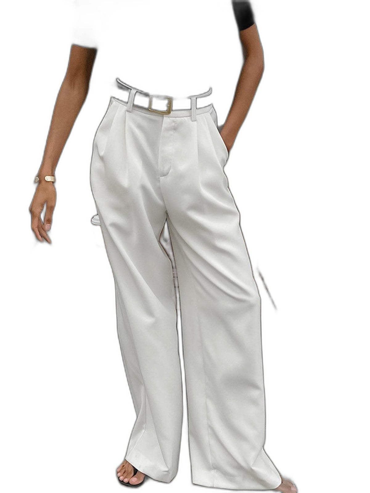 Stylish White Wide Leg Pants for Women with Belted High Waisted Office Style