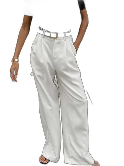 Stylish White Wide Leg Pants for Women with Belted High Waisted Office Style