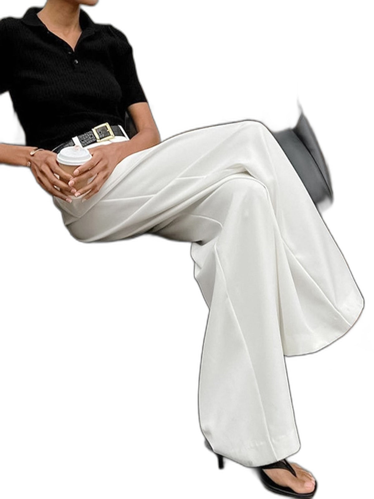 Stylish White Wide Leg Pants for Women with Belted High Waisted Office Style