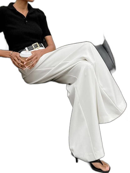 Stylish White Wide Leg Pants for Women with Belted High Waisted Office Style