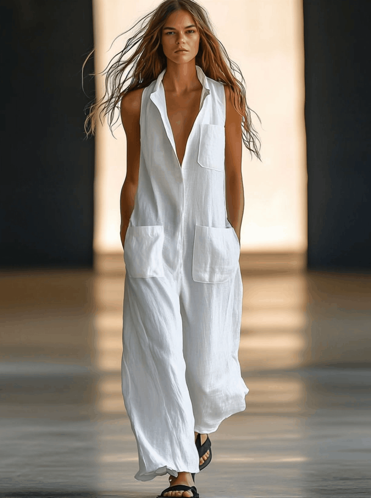 Effortless White Linen Jumpsuit for Women with Collar Sleeveless Button Front Wide Leg Style