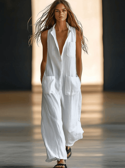 Effortless White Linen Jumpsuit for Women with Collar Sleeveless Button Front Wide Leg Style