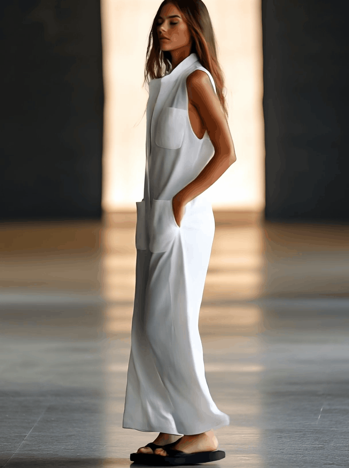 Effortless White Linen Jumpsuit for Women with Collar Sleeveless Button Front Wide Leg Style