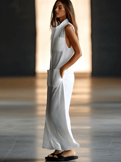 Effortless White Linen Jumpsuit for Women with Collar Sleeveless Button Front Wide Leg Style