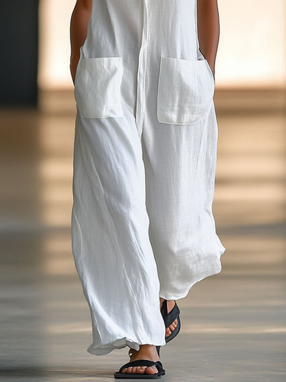 Effortless White Linen Jumpsuit for Women with Collar Sleeveless Button Front Wide Leg Style