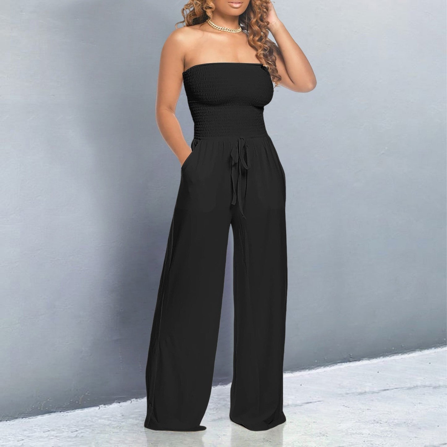 Effortless Wide Leg Jumpsuit for Women with Strapless Smocked Bodice Drawstring Waist Relaxed Style