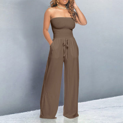Effortless Wide Leg Jumpsuit for Women with Strapless Smocked Bodice Drawstring Waist Relaxed Style