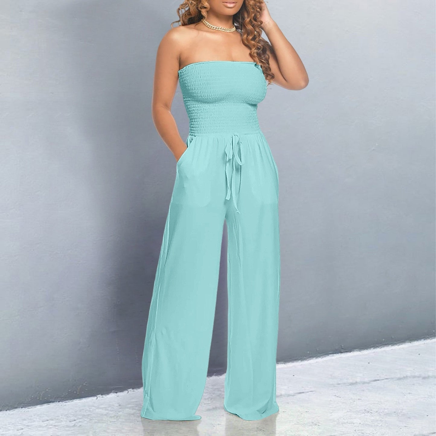 Effortless Wide Leg Jumpsuit for Women with Strapless Smocked Bodice Drawstring Waist Relaxed Style