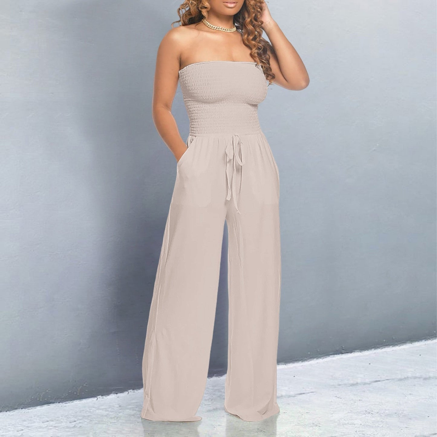 Effortless Wide Leg Jumpsuit for Women with Strapless Smocked Bodice Drawstring Waist Relaxed Style