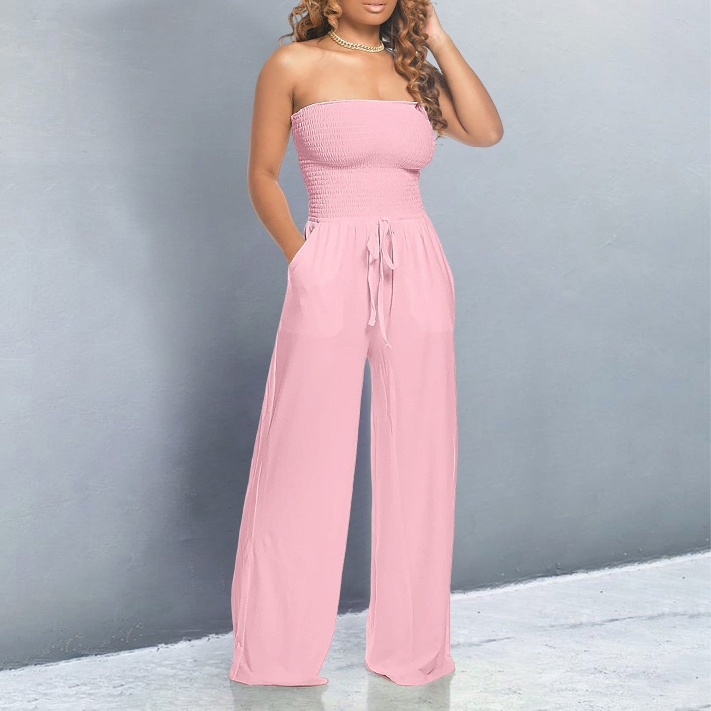 Effortless Wide Leg Jumpsuit for Women with Strapless Smocked Bodice Drawstring Waist Relaxed Style