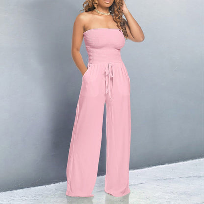 Effortless Wide Leg Jumpsuit for Women with Strapless Smocked Bodice Drawstring Waist Relaxed Style