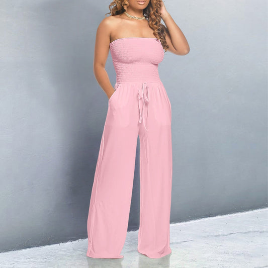 Effortless Wide Leg Jumpsuit for Women with Strapless Smocked Bodice Drawstring Waist Relaxed Style