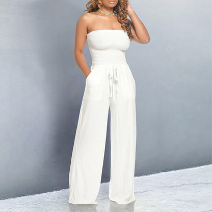 Effortless Wide Leg Jumpsuit for Women with Strapless Smocked Bodice Drawstring Waist Relaxed Style
